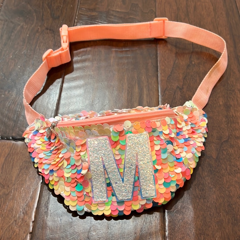 Justice letter M sherbet & sequin bumbag